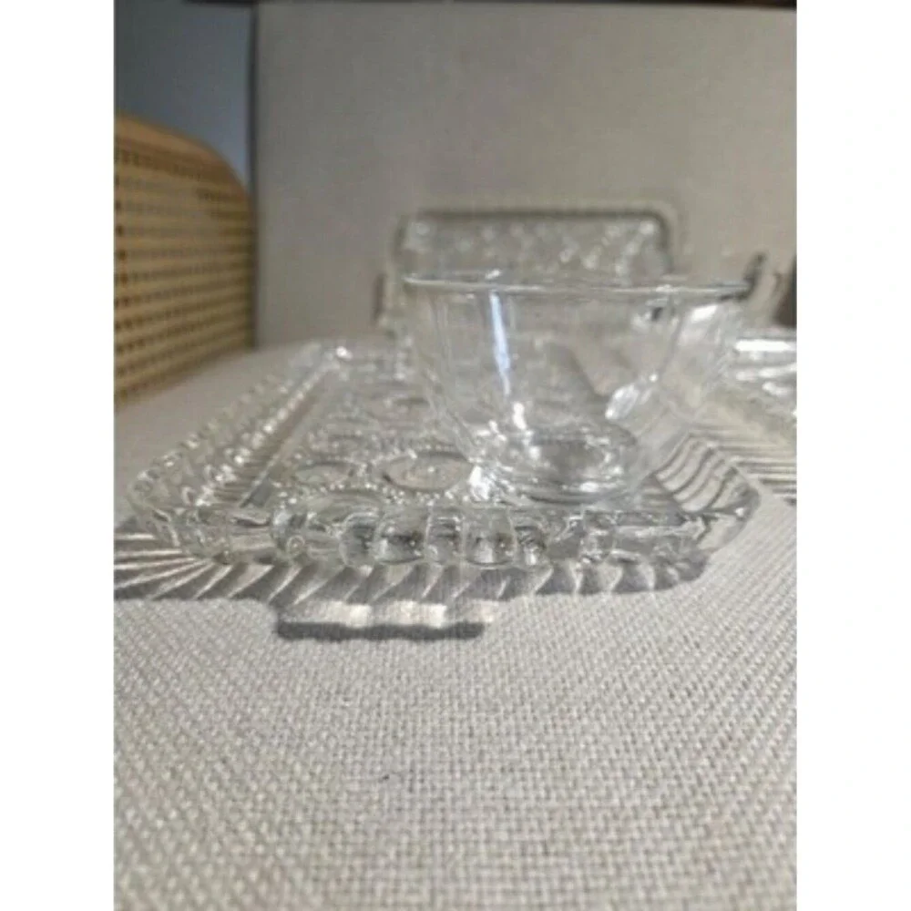 Vintage Anchor Hocking Colonial Lady Snack Set 4 Trays 4 Cups MCM Clear Glass